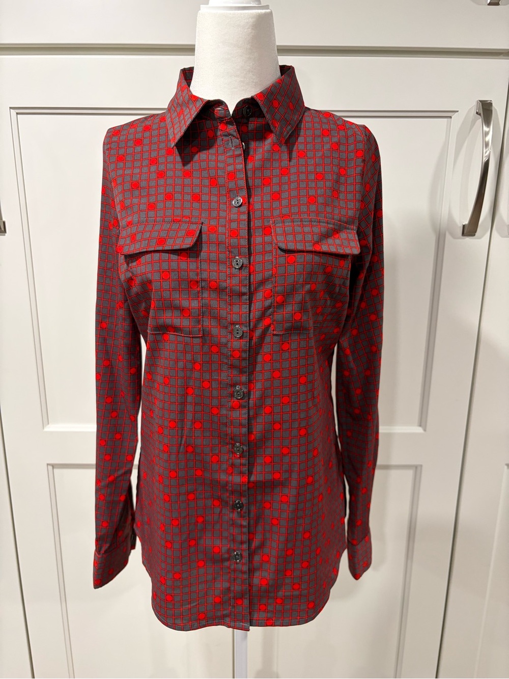 BCBGMaxAzria Red and Gray Dot Grid Button-Down Shirt